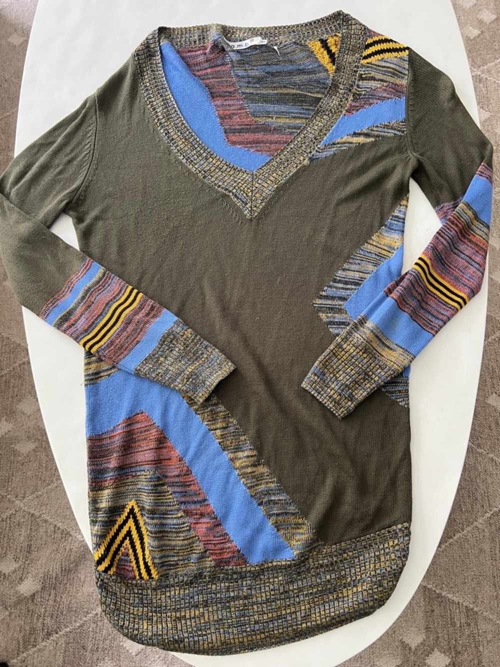 l.a.m.b x gwen stefani funky stripe knit deep V asymmetric tunic sweater M